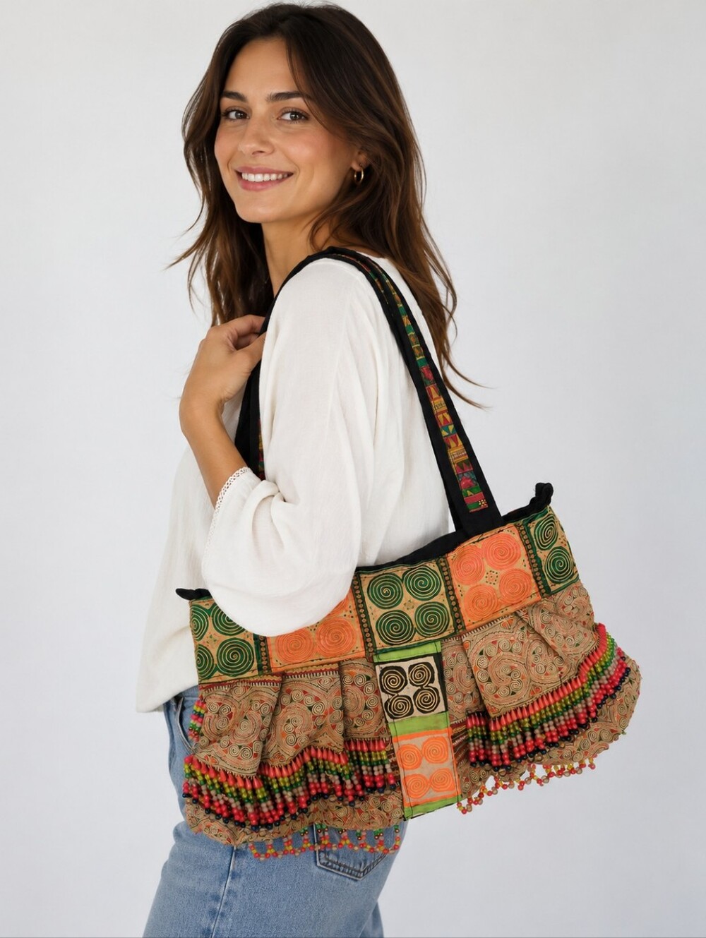 Vintage Handmade Boho Bohemian Hippie Y2K Patchwork Tote Bag Festival Beaded